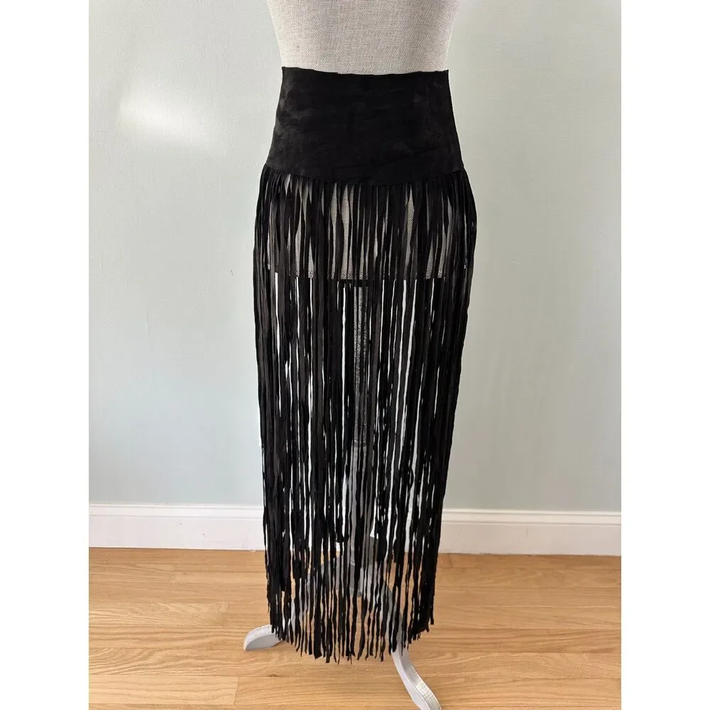 PAT DAHNKE Long Fringe Black Western Belt Leather Suede size Small